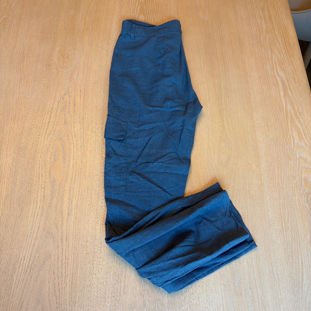 Old Navy High Rise Linen Cargo Straight Trouser Navy Blue Small